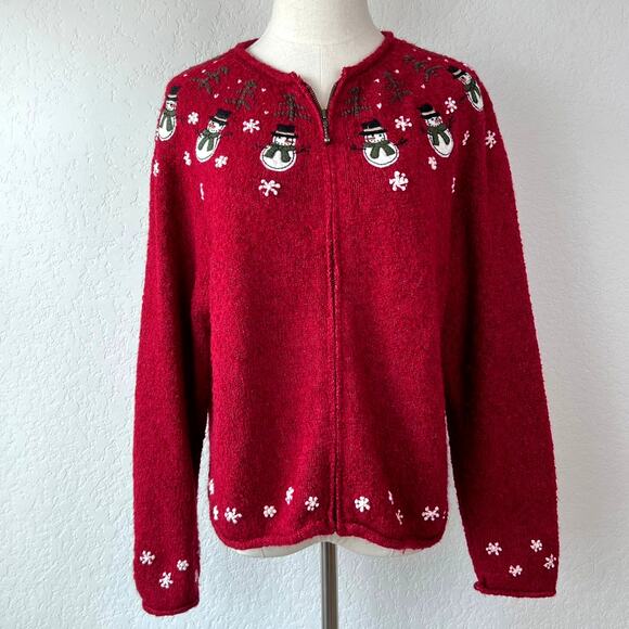 Vintage Y2K Silk & Wool Blend Zip Up Christmas Sweater Snowmen Red size PL - Picture 1 of 11